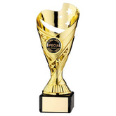 GOLD PLASTIC 'SABRE' CUP ON BLACK MARBLE ASSEMBLED TROPHY (1" CEN) - 7.25in